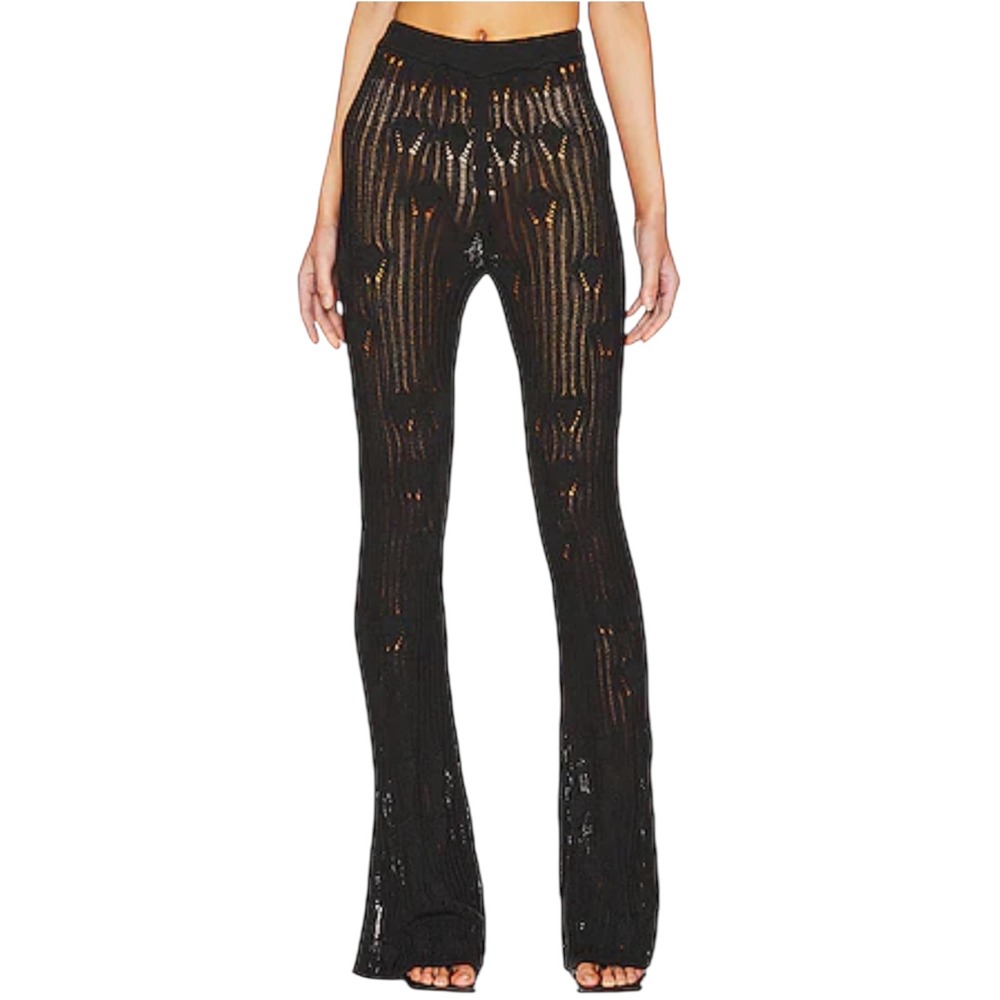 NWT NBD Astra Black Open Knit Sheer Flare Pants Size S $198
